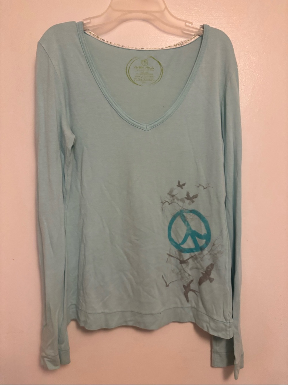 Green Apple Light Blue Long Sleeve V-Neck Top with Peace Graphic